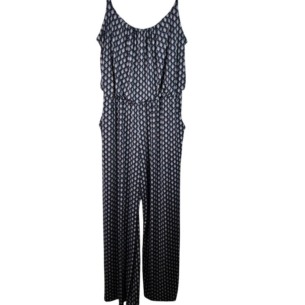 Kaileigh Navy‎ White Printed Sleeveless Jumpsuit Wide Leg Elastic Waist XL